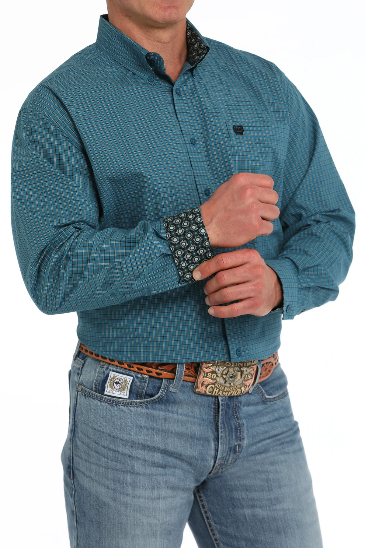 Cinch Mens Teal Plaid Long Sleeve Shirt - Image 2