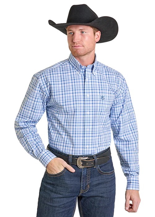 Panhandle Mens Blue Plaid Long Sleeve Shirt