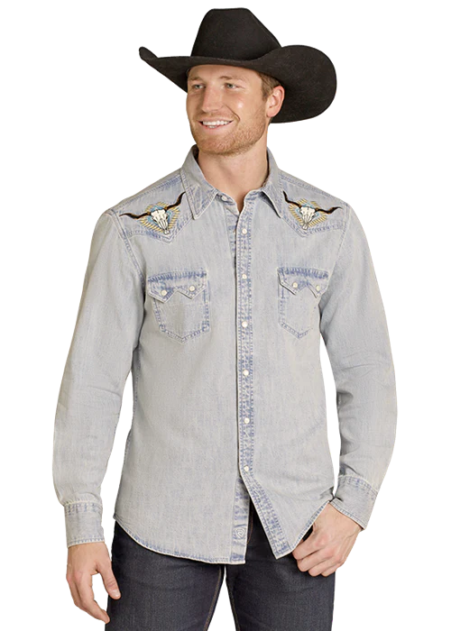 Panhandle Mens Longhorn Embellished Long Sleeve Shirt