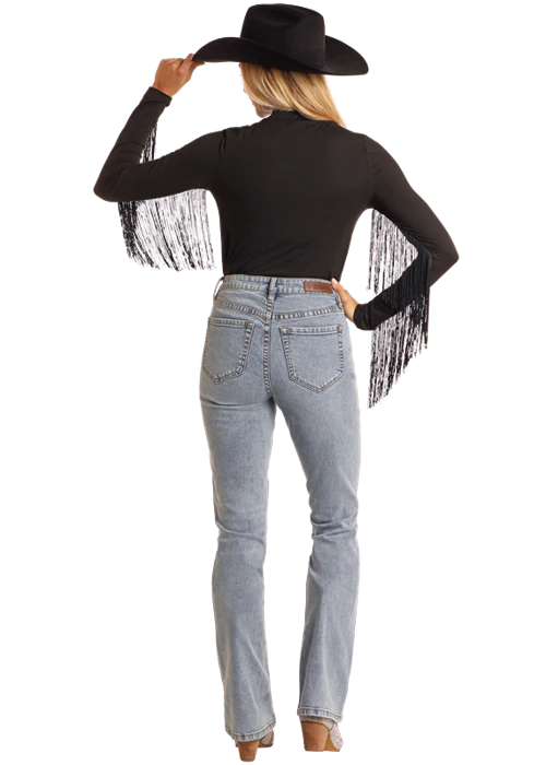 Panhandle Womens Black Fringe Mock Neck Top - Image 2