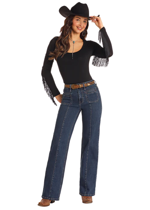 Panhandle Womens Patch Pocket Relaxed Flare Jeans